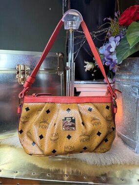 Vintage MCM Visetos Cognac and Coral Pleated Shoulder Bag